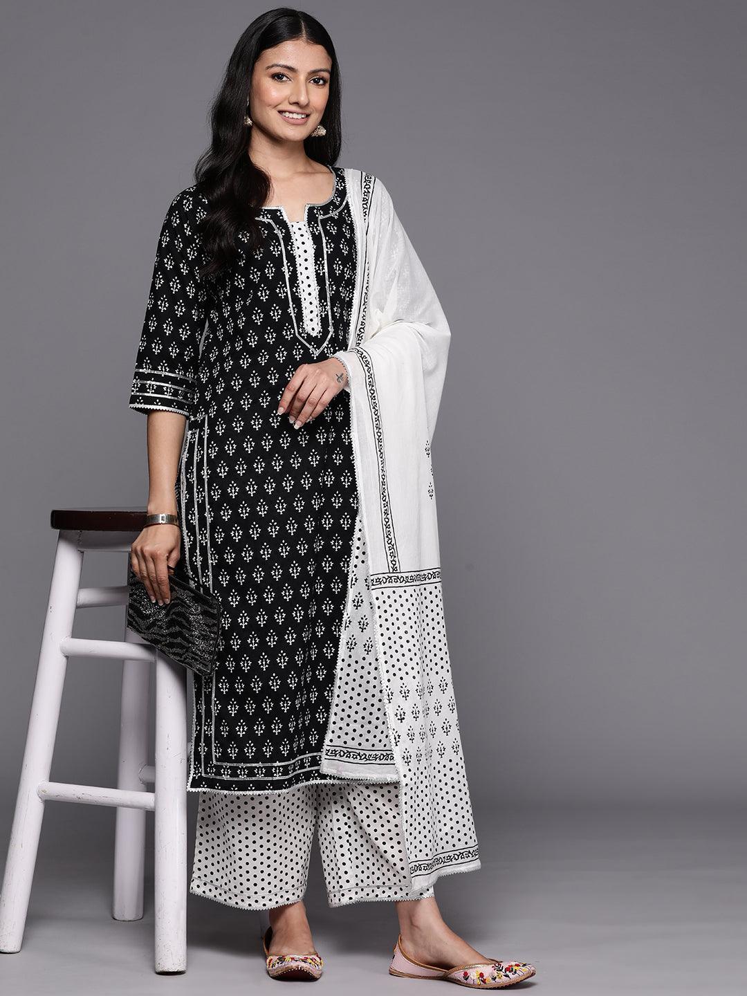 Black Printed Cotton Straight Suit Set With Palazzos