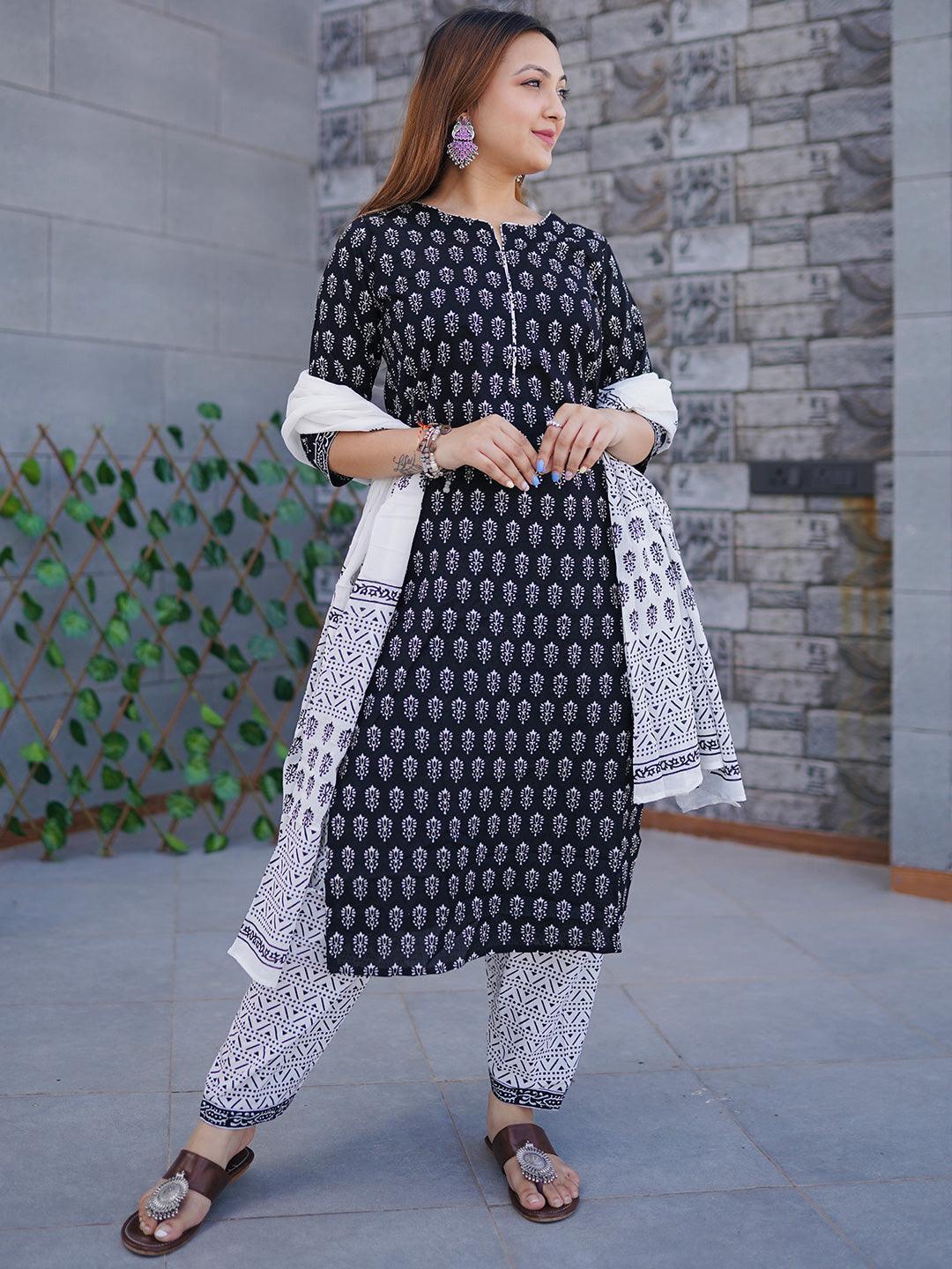 Black Printed Cotton Straight Suit Set With Salwar