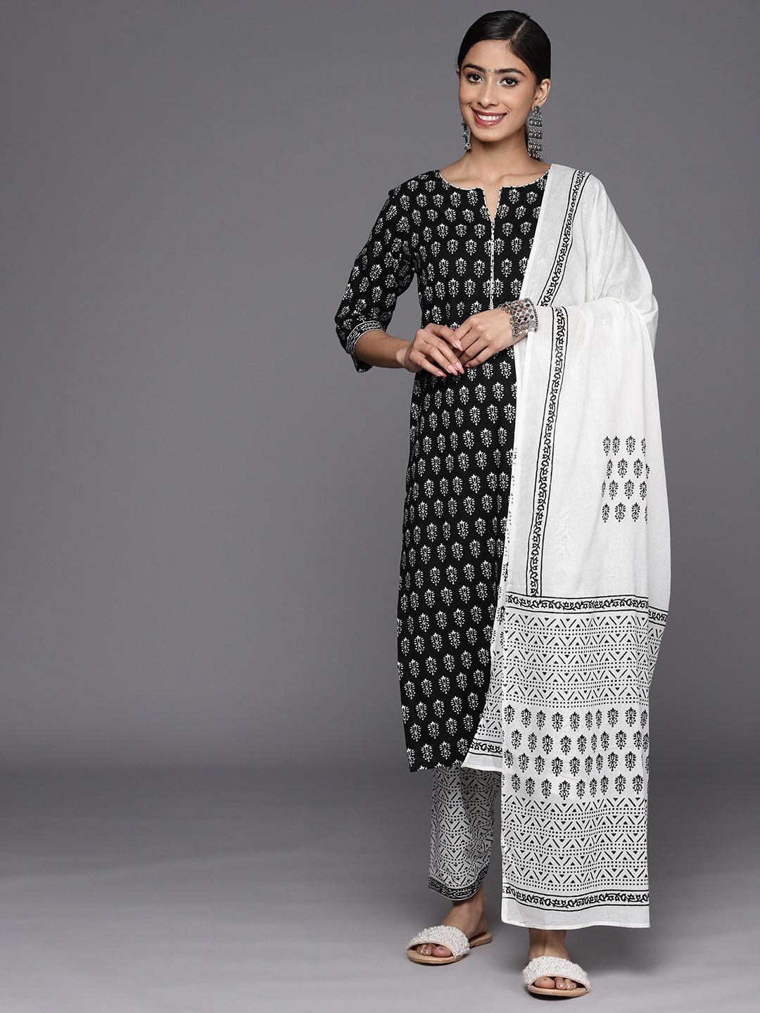 Black Printed Cotton Straight Suit Set With Salwar