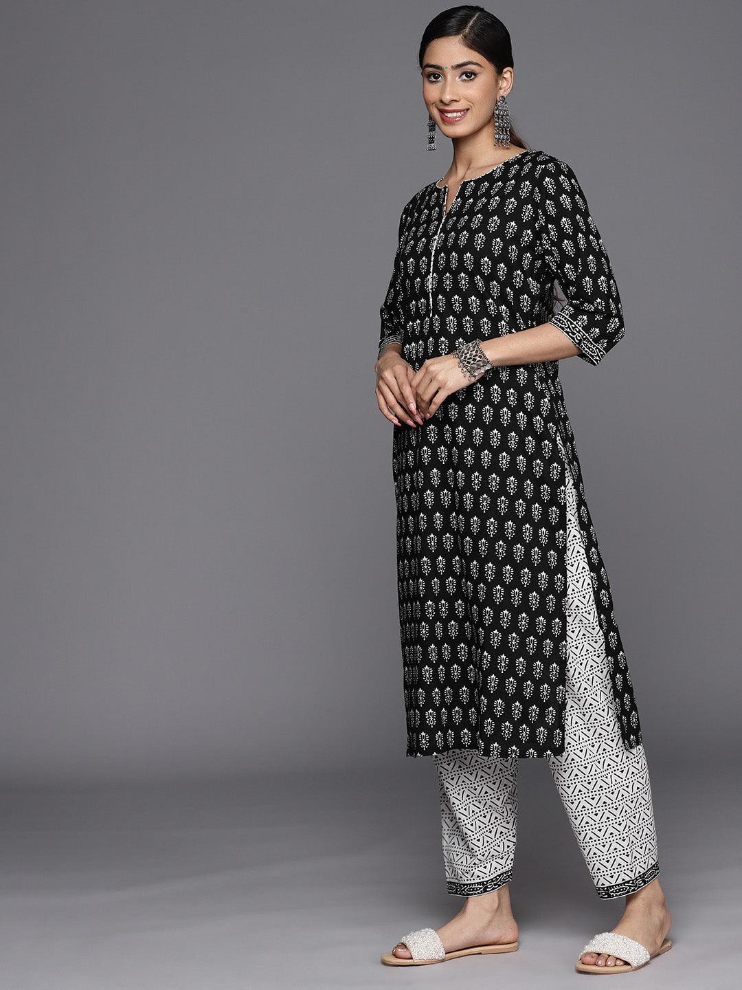 Black Printed Cotton Straight Suit Set With Salwar