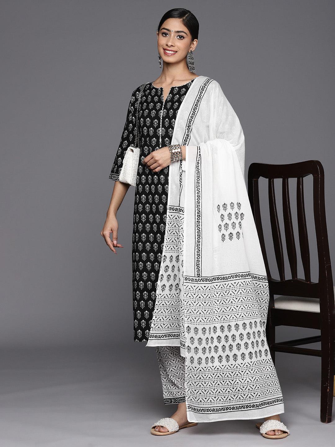 Black Printed Cotton Straight Suit Set With Salwar