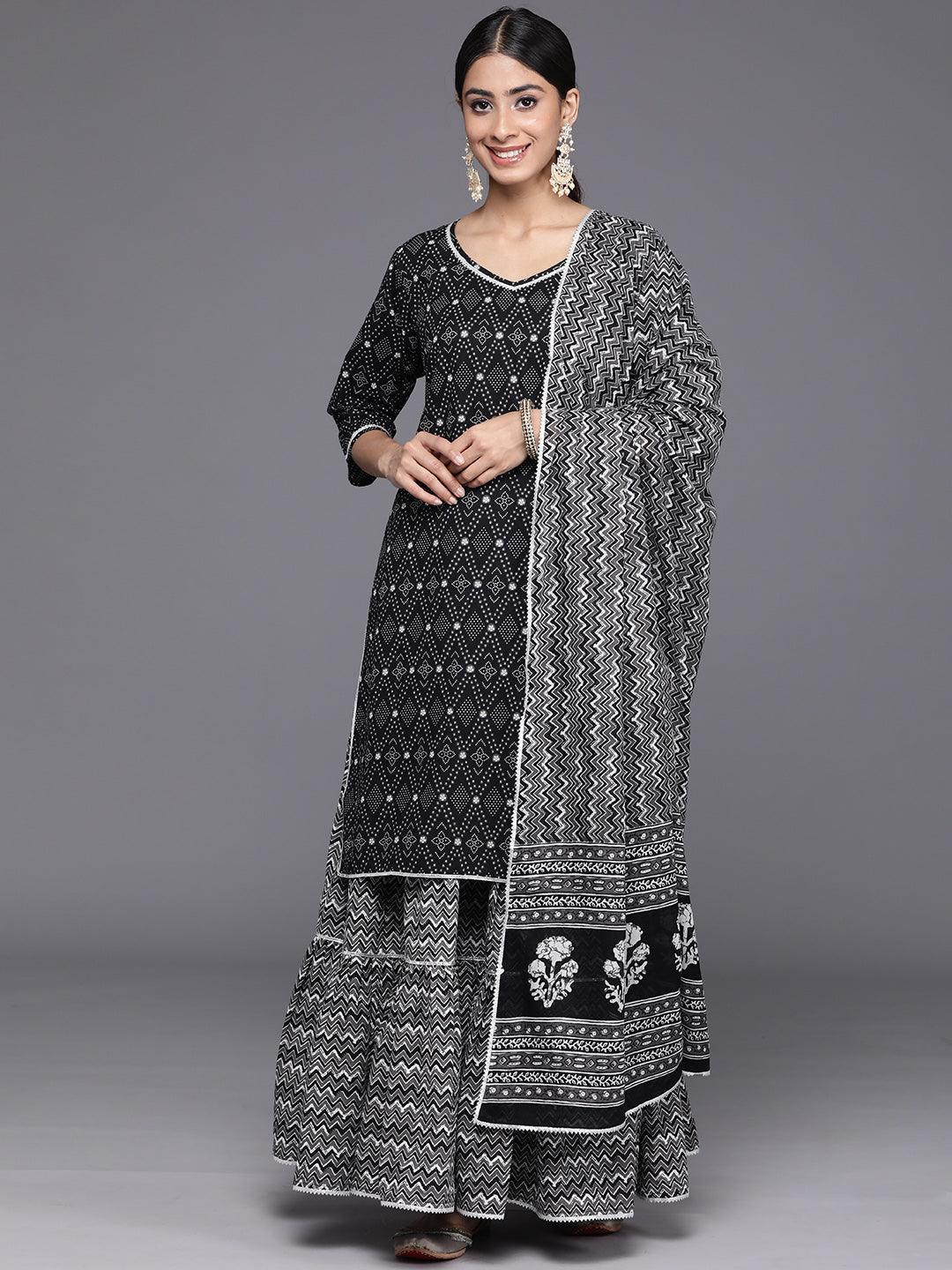 Black Printed Cotton Straight Kurta With Skirt & Dupatta