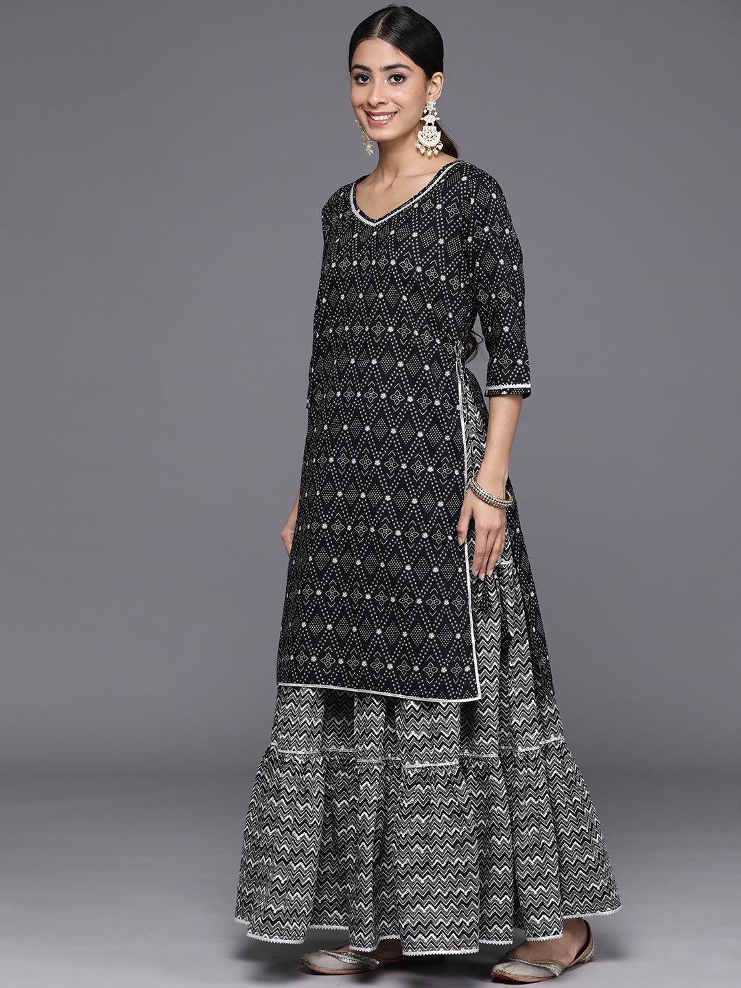 Black Printed Cotton Straight Kurta With Skirt & Dupatta