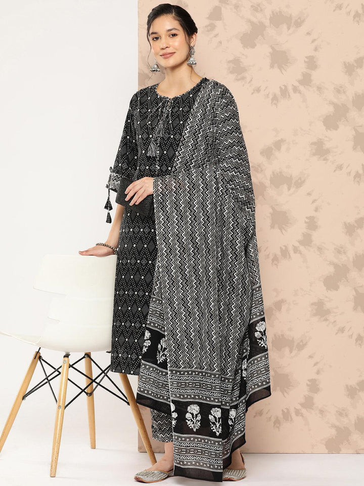 Black Printed Cotton Straight Kurta With Trousers and Dupatta - Libas