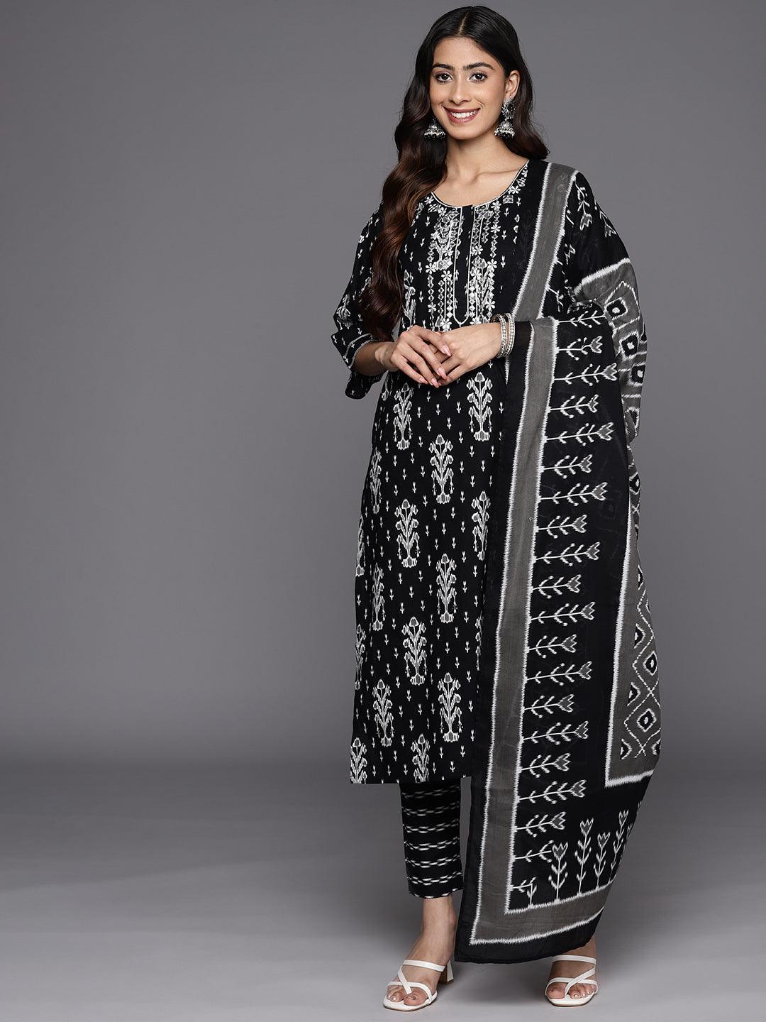 Black Printed Cotton Straight Suit Set With Trousers