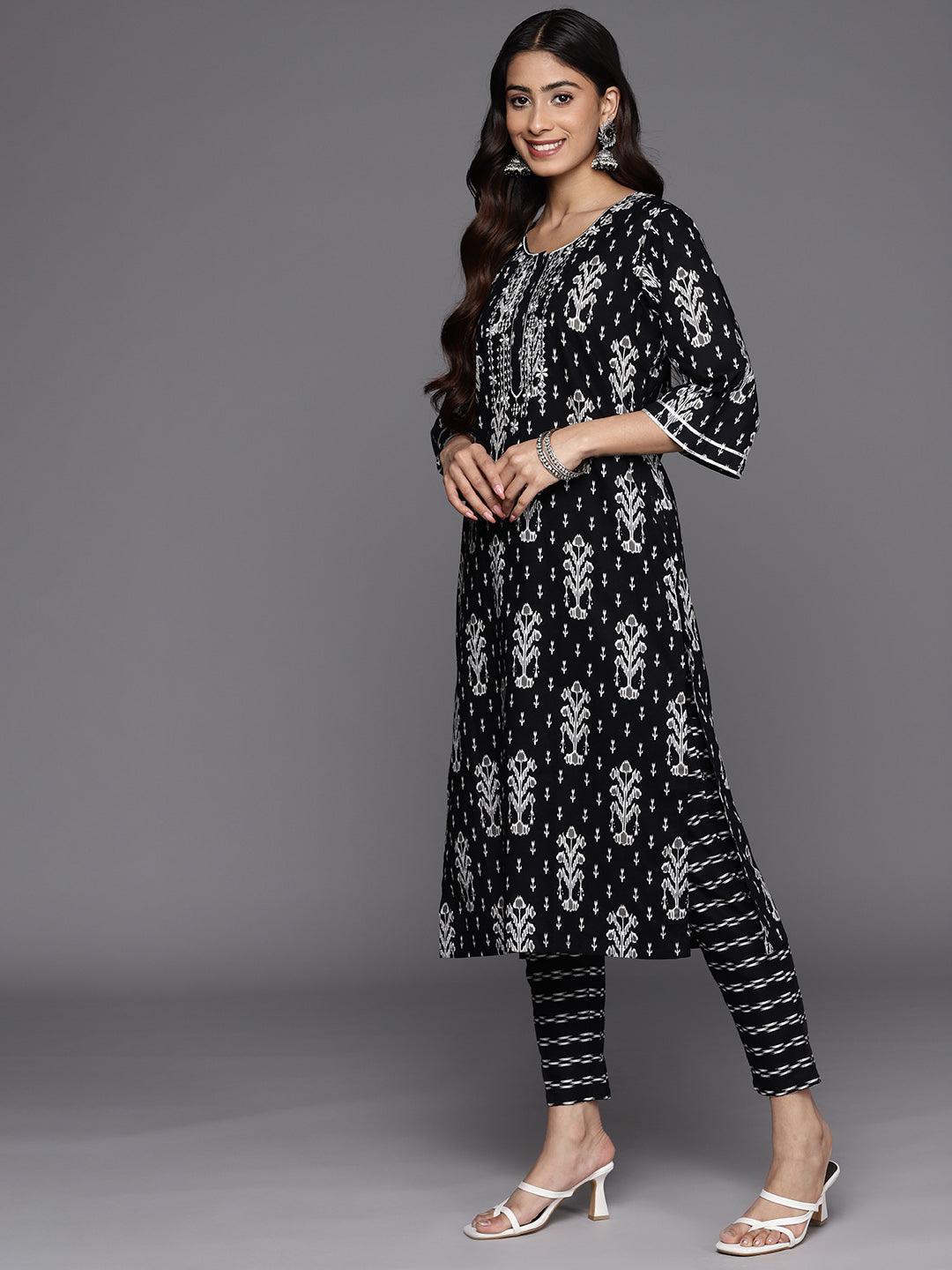 Black Printed Cotton Straight Suit Set With Trousers