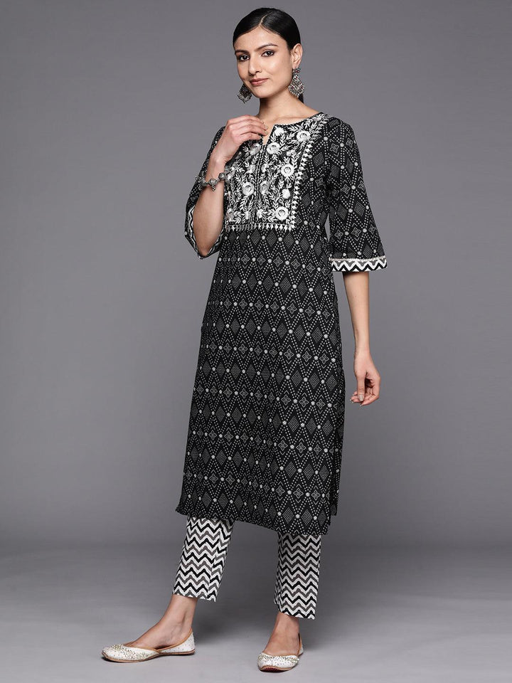 Black Printed Cotton Straight Suit Set With Trousers - ShopLibas