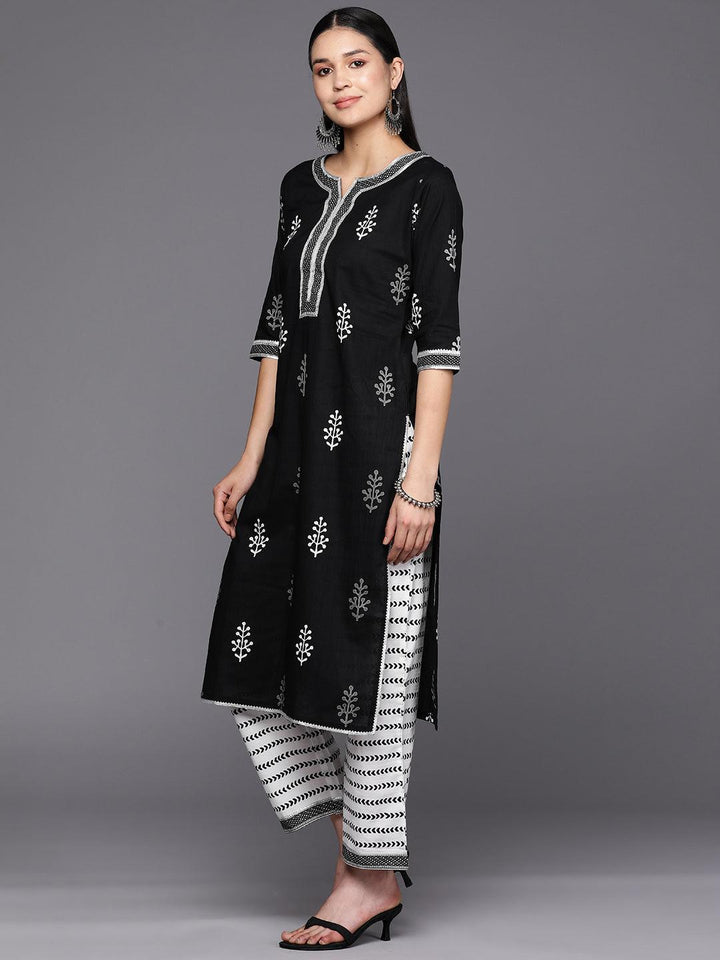 Black Printed Cotton Straight Suit Set With Trousers - ShopLibas