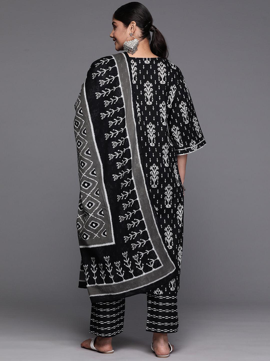 Black Printed Cotton Straight Kurta With Trousers and Dupatta