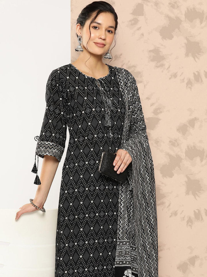 Black Printed Cotton Straight Kurta With Trousers and Dupatta - Libas