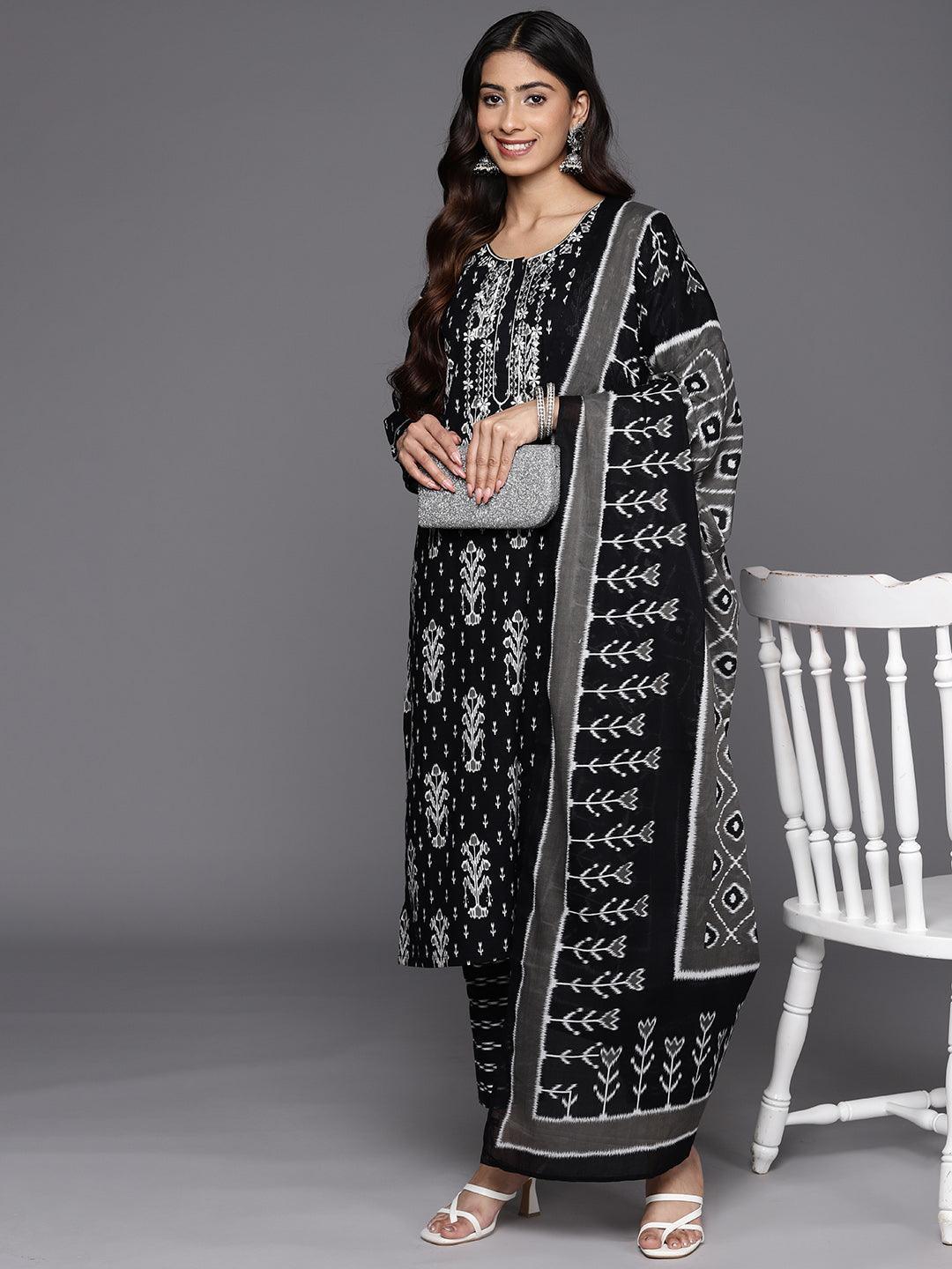 Black Printed Cotton Straight Suit Set With Trousers