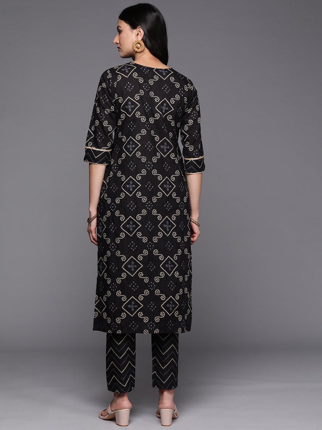 Black Printed Cotton Straight Kurta Set With Trousers - ShopLibas