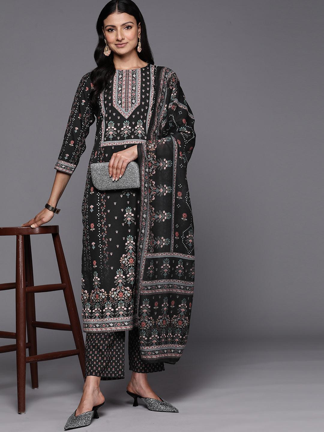 Black Printed Crepe Straight Suit Set With Trousers