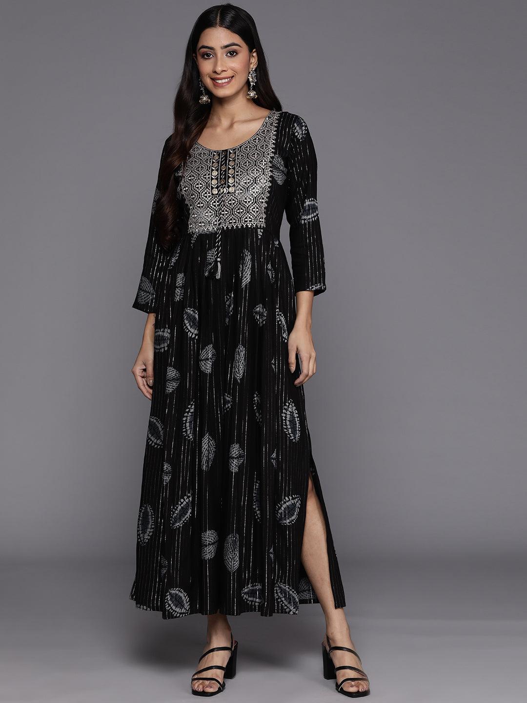 Black Printed Fit and Flare Rayon Dress