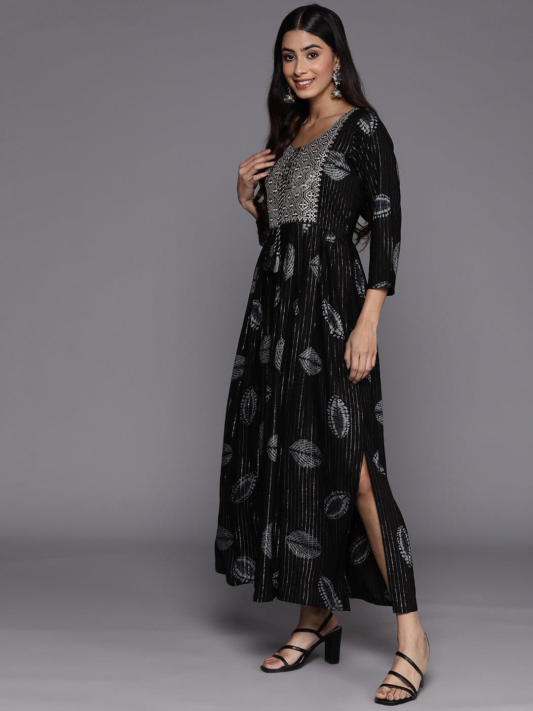 Black Printed Fit and Flare Rayon Dress - ShopLibas