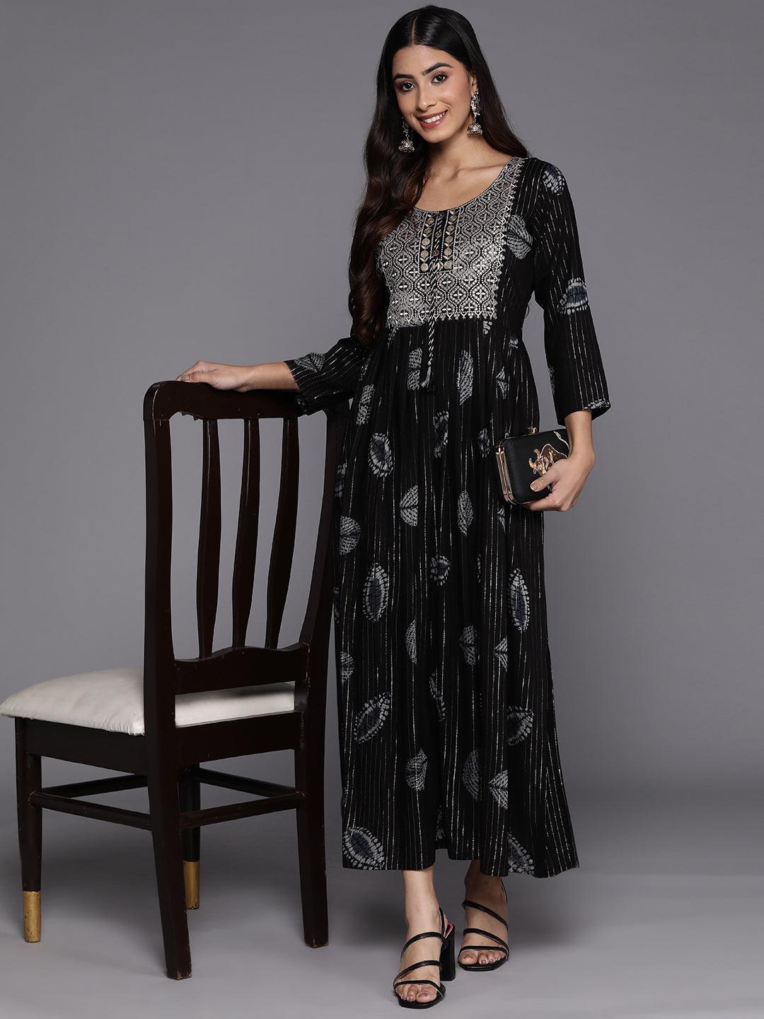 Black Printed Fit and Flare Rayon Dress