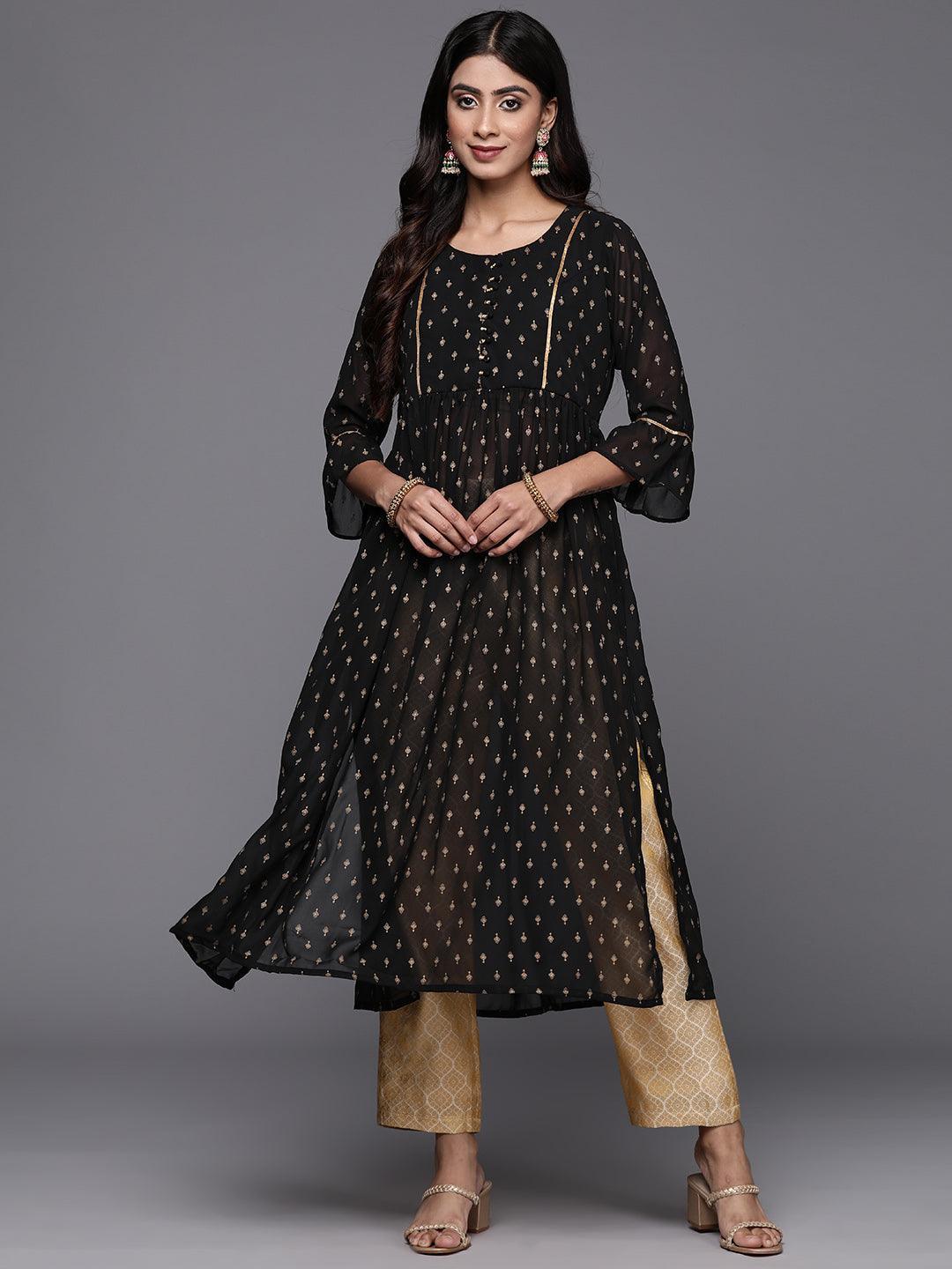 Black Printed Georgette A-Line Kurta