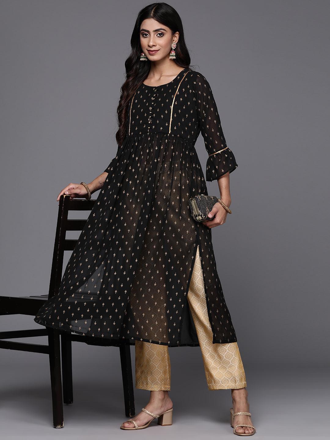 Black Printed Georgette A-Line Kurta