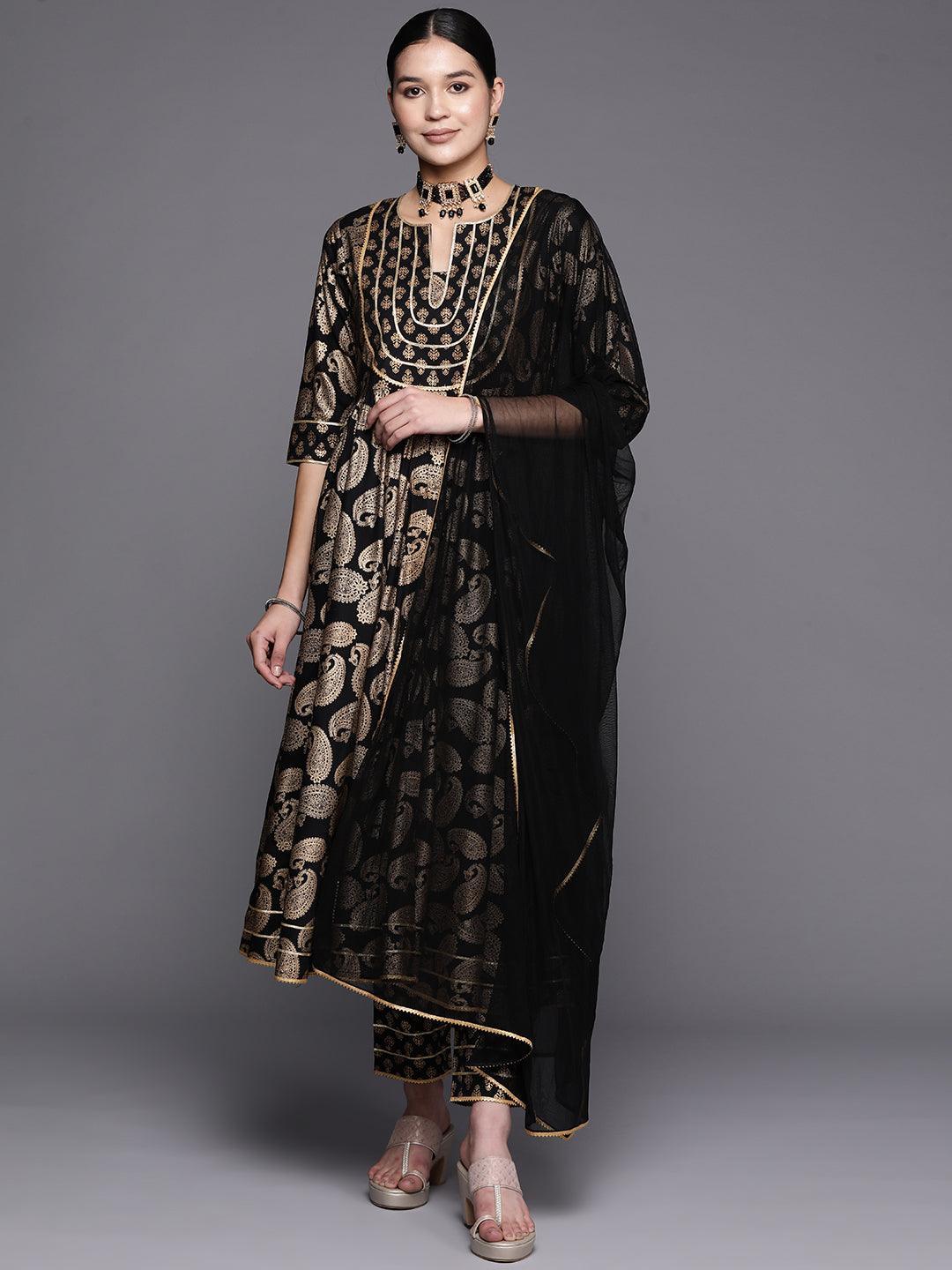 Black Printed Rayon Anarkali Suit Set With Trousers