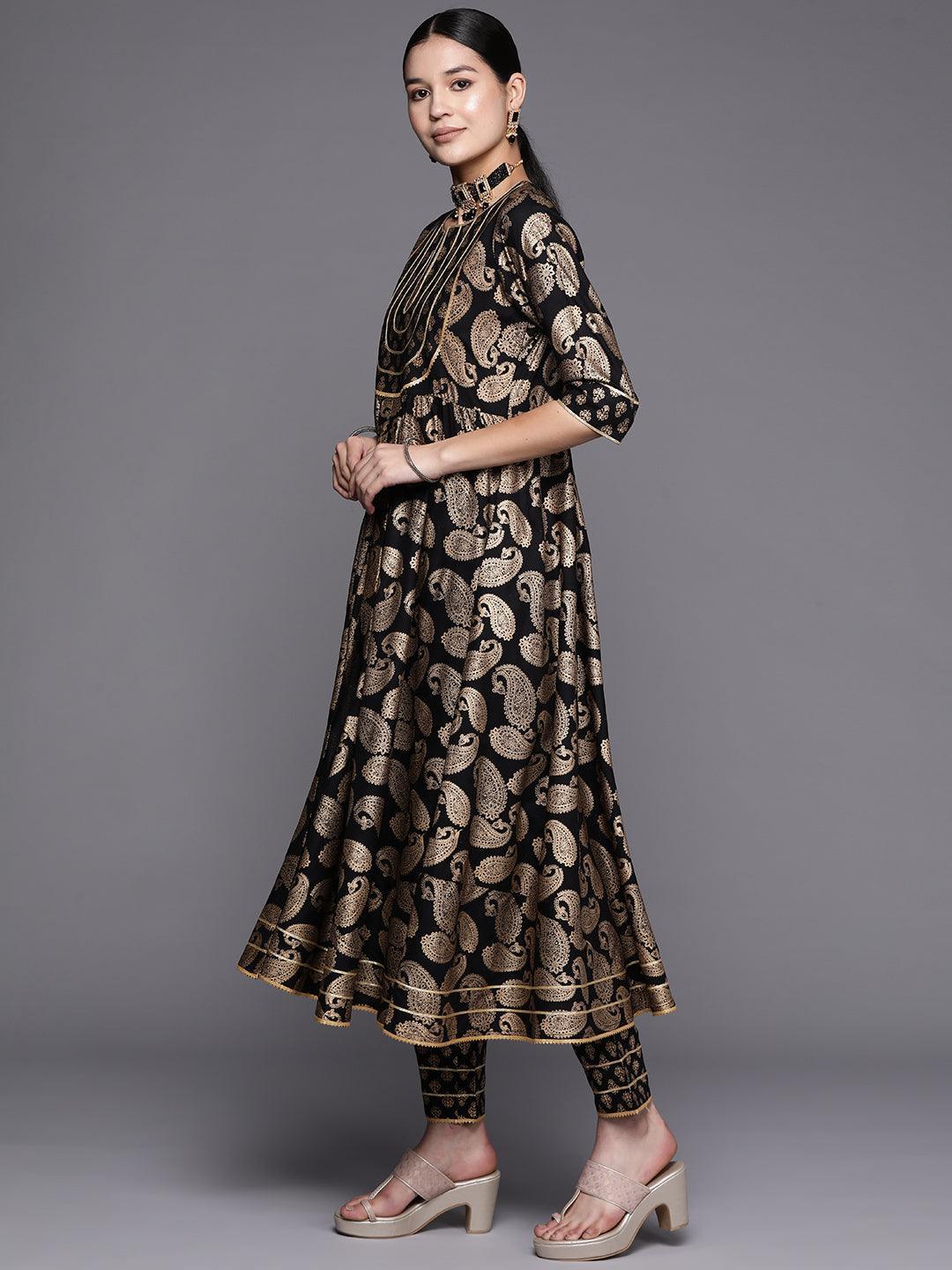 Black Printed Rayon Anarkali Suit Set With Trousers