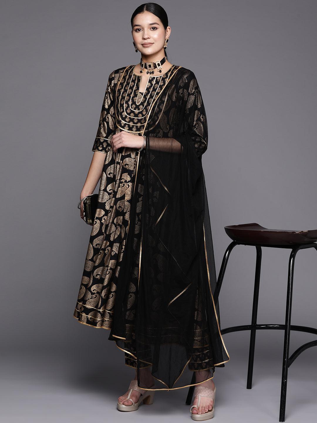 Black Printed Rayon Anarkali Suit Set With Trousers