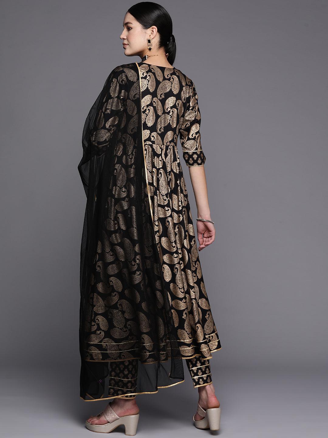 Black Printed Rayon Anarkali Suit Set With Trousers