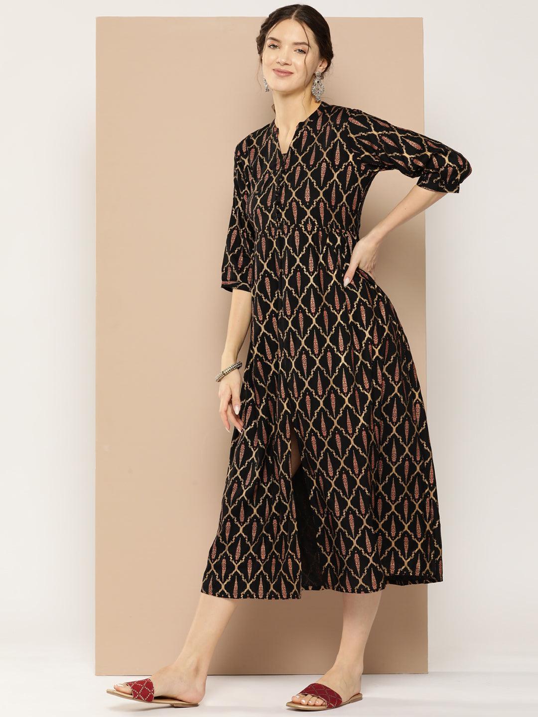 Black Printed Rayon Fit and Flare Dress - ShopLibas