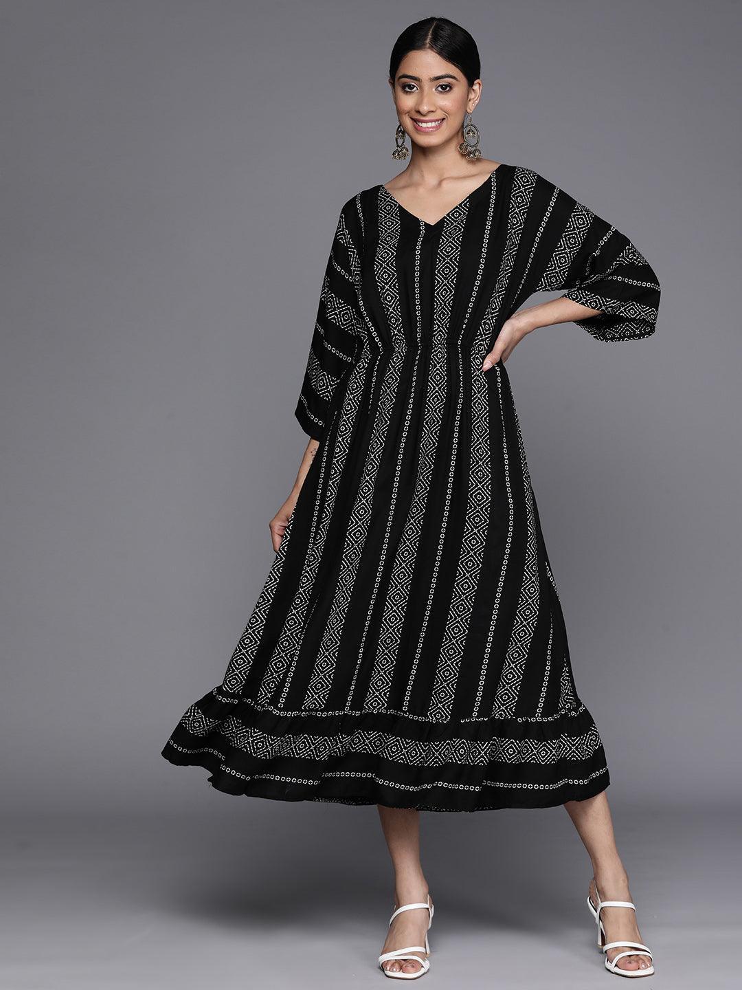 Black Printed Rayon Fit and Flared Dress