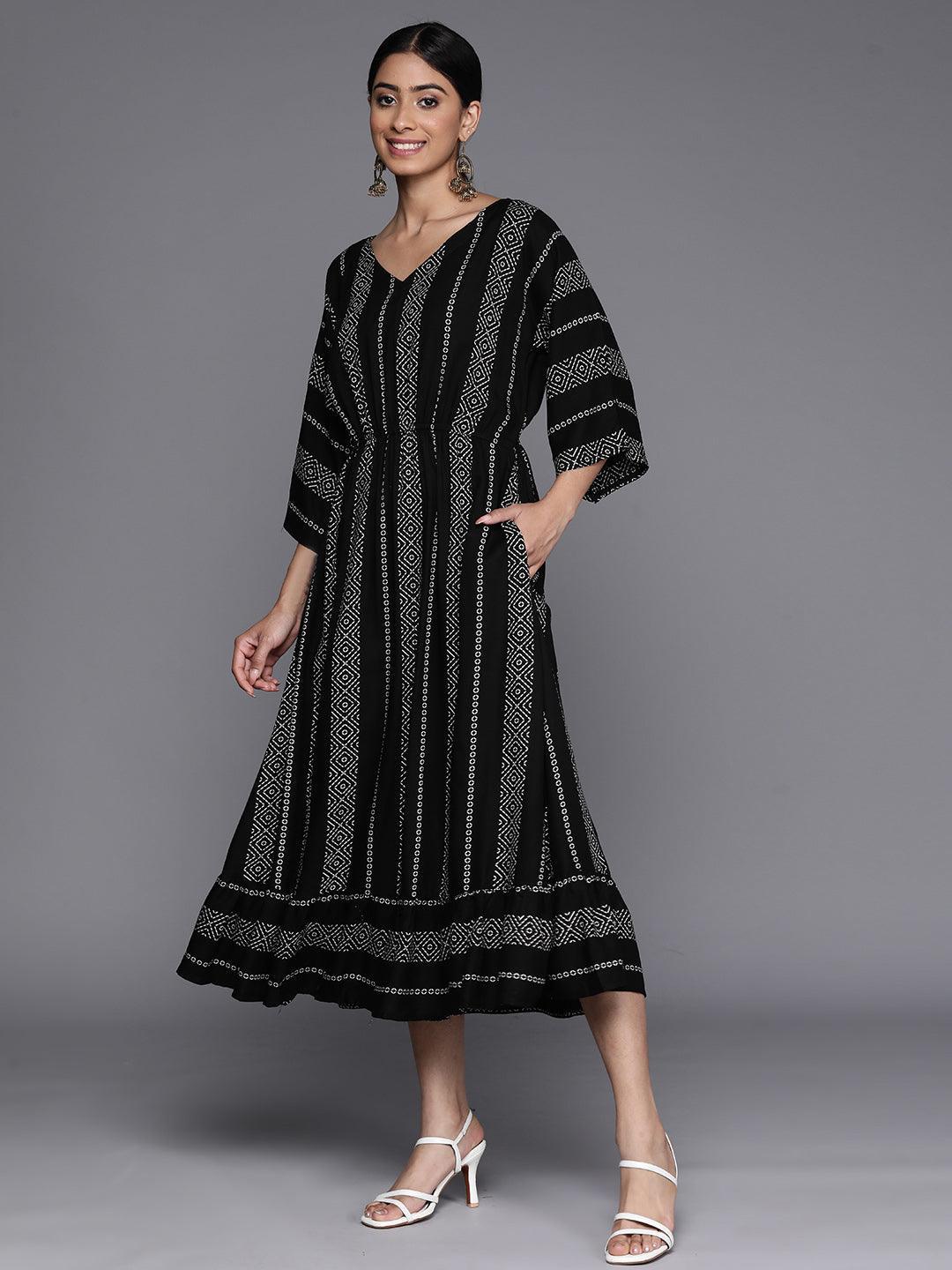 Black Printed Rayon Fit and Flared Dress