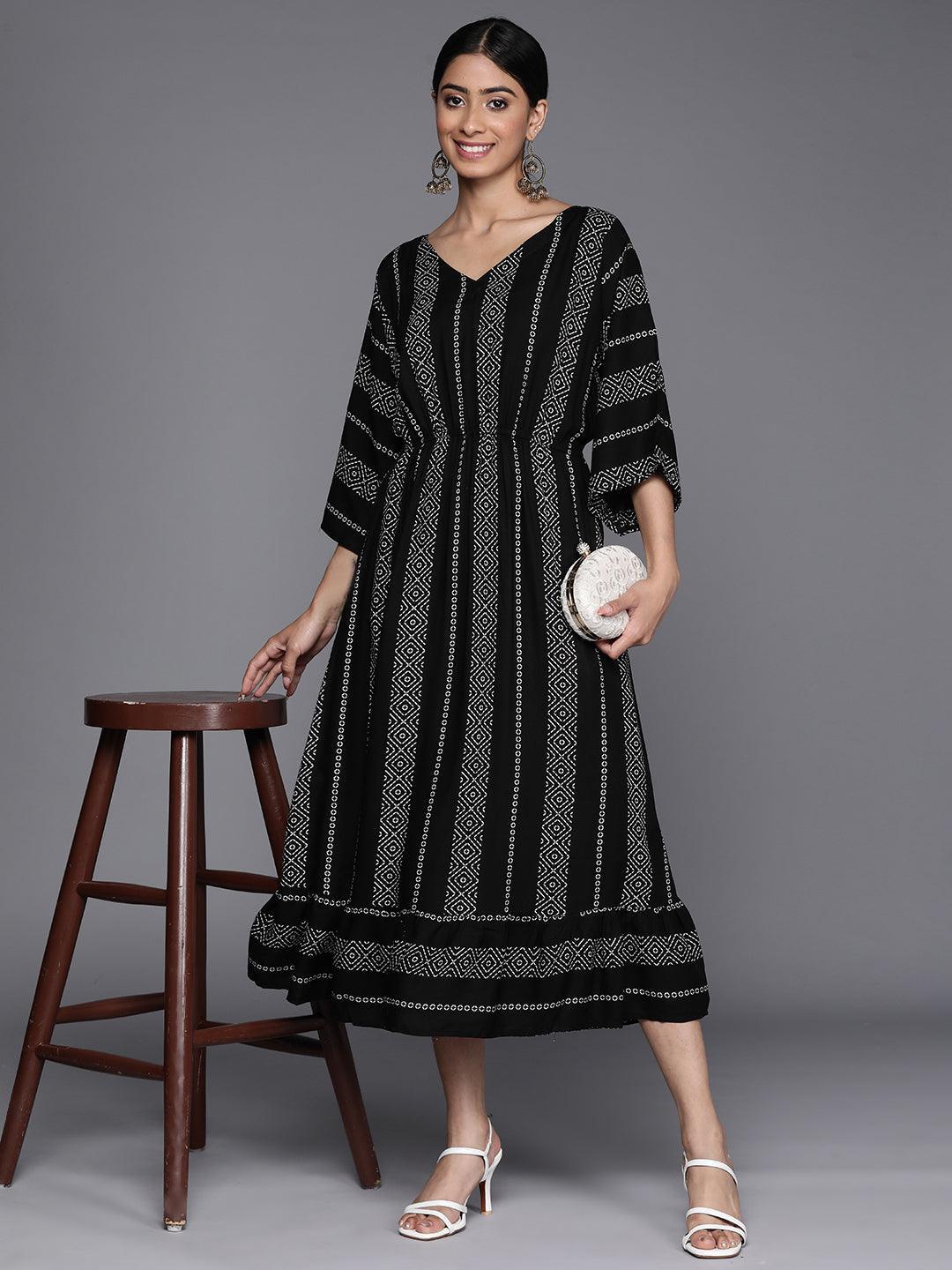 Black Printed Rayon Fit and Flared Dress