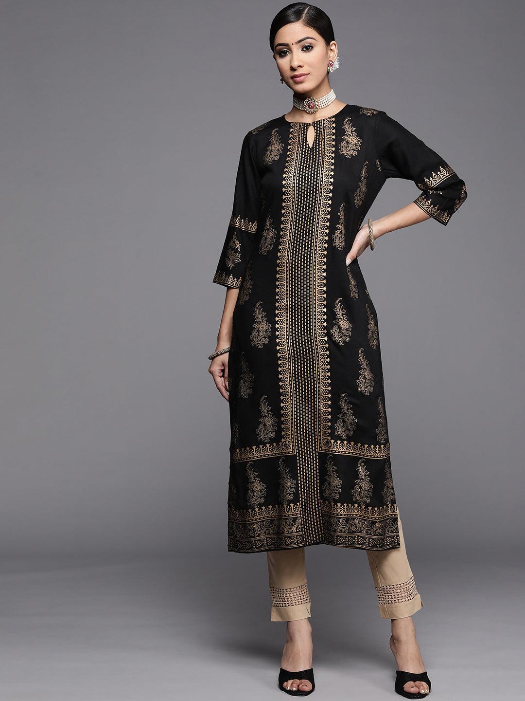 Black Printed Rayon Kurta