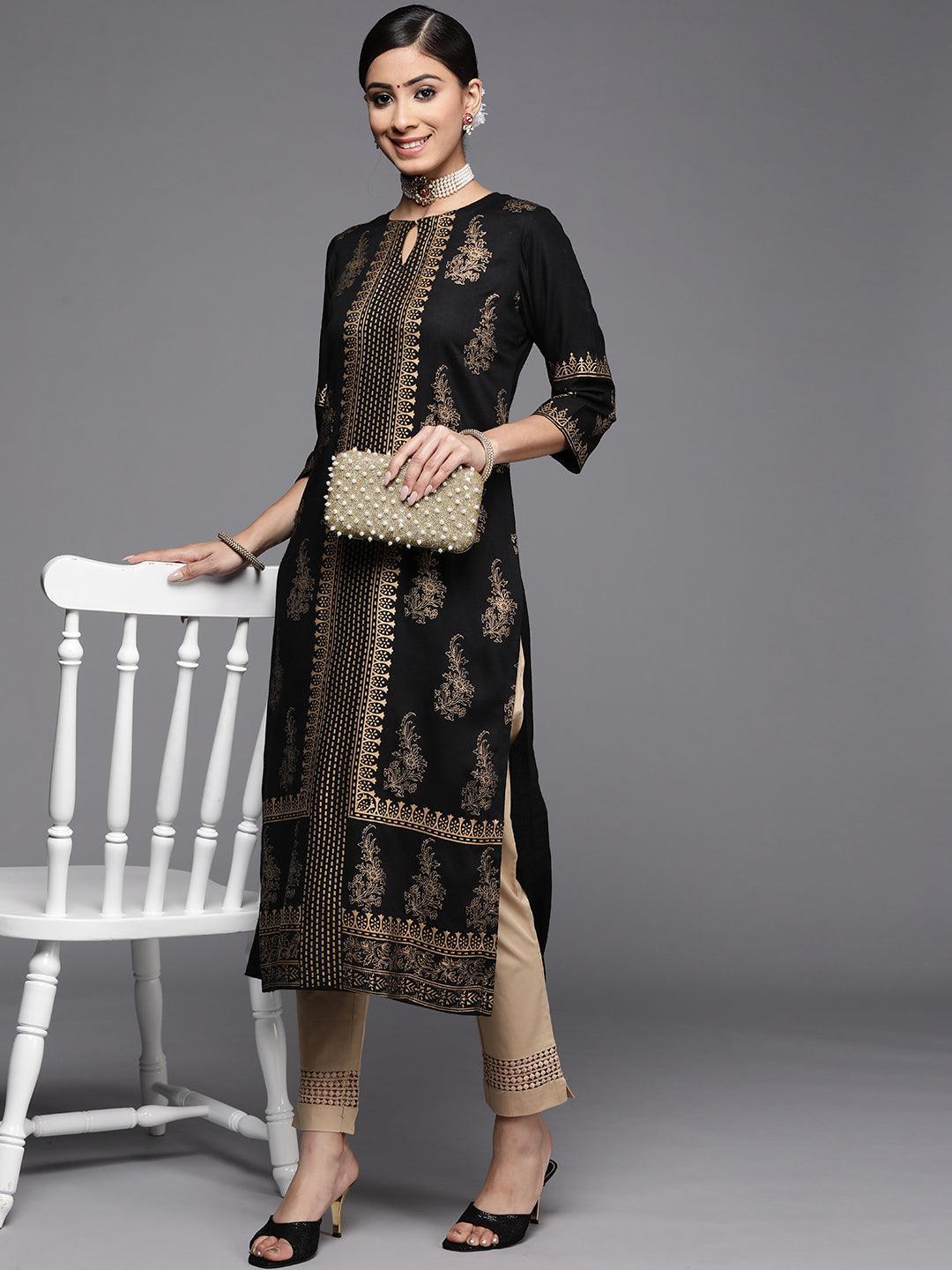 Black Printed Rayon Kurta