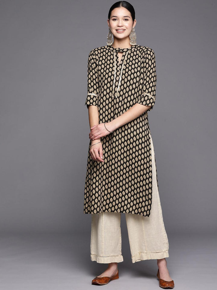 Black Printed Rayon Straight Kurta - ShopLibas