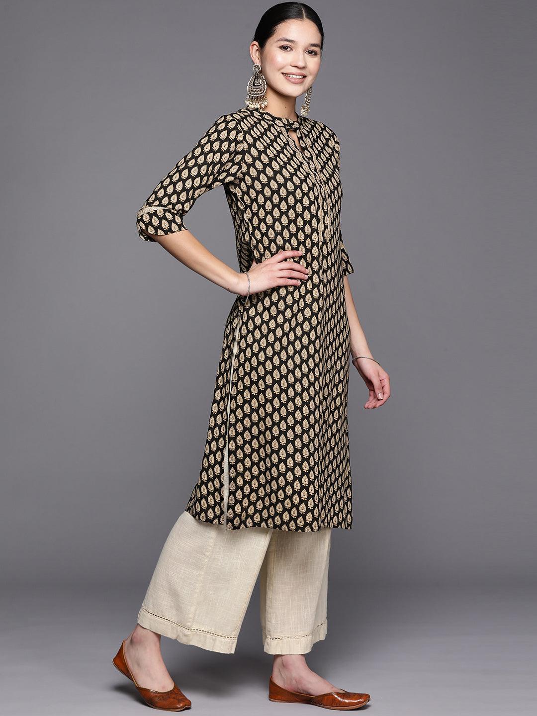 Black Printed Rayon Straight Kurta - ShopLibas