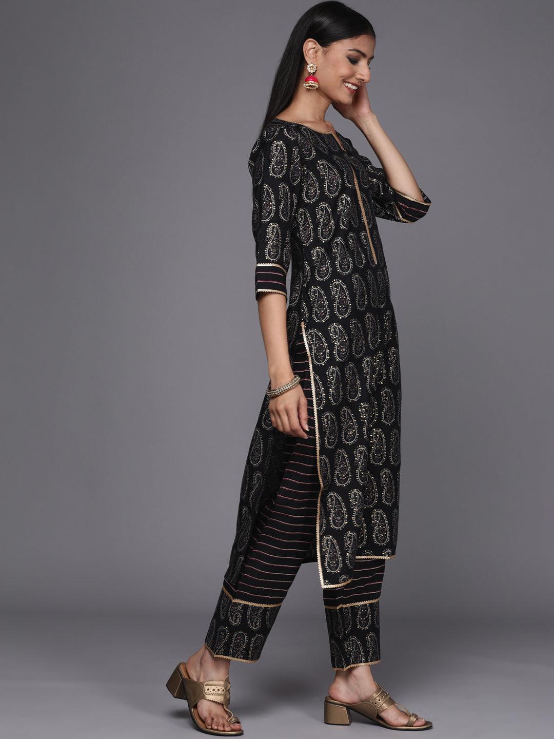 Black Printed Silk Blend Straight Suit Set