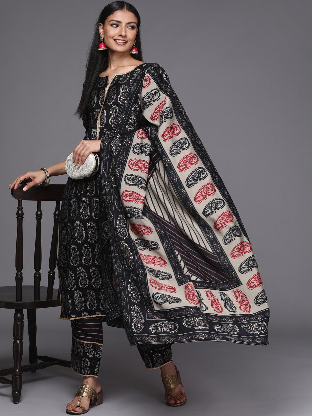 Black Printed Silk Blend Straight Suit Set