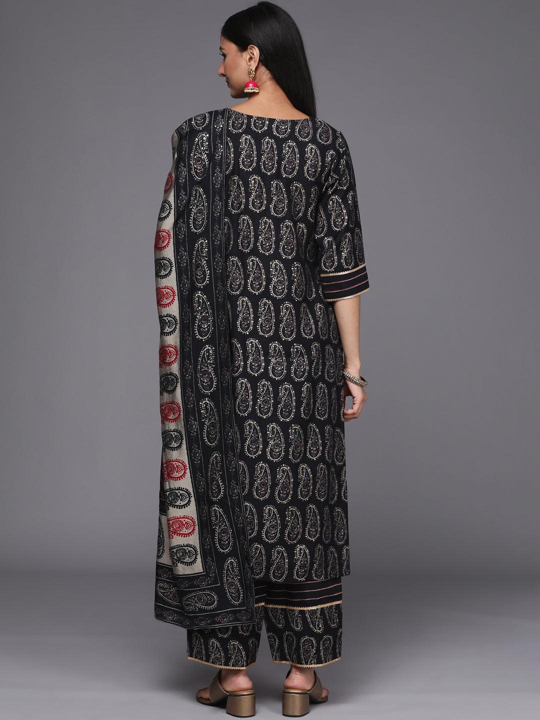 Black Printed Silk Blend Straight Suit Set