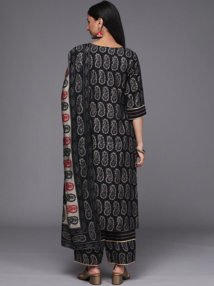 Black Printed Silk Blend Straight Suit Set - ShopLibas