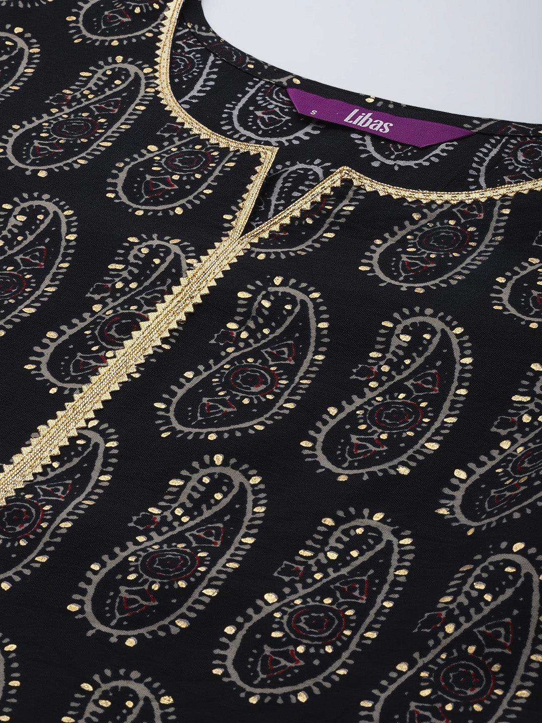 Black Printed Silk Blend Straight Suit Set - ShopLibas