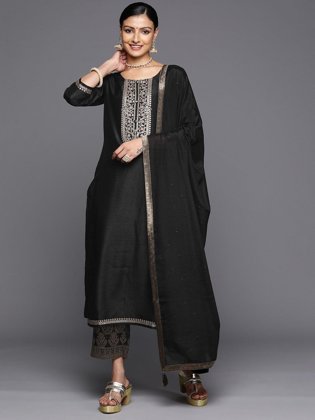 Black Printed Silk Blend Straight Kurta With Trousers & Dupatta