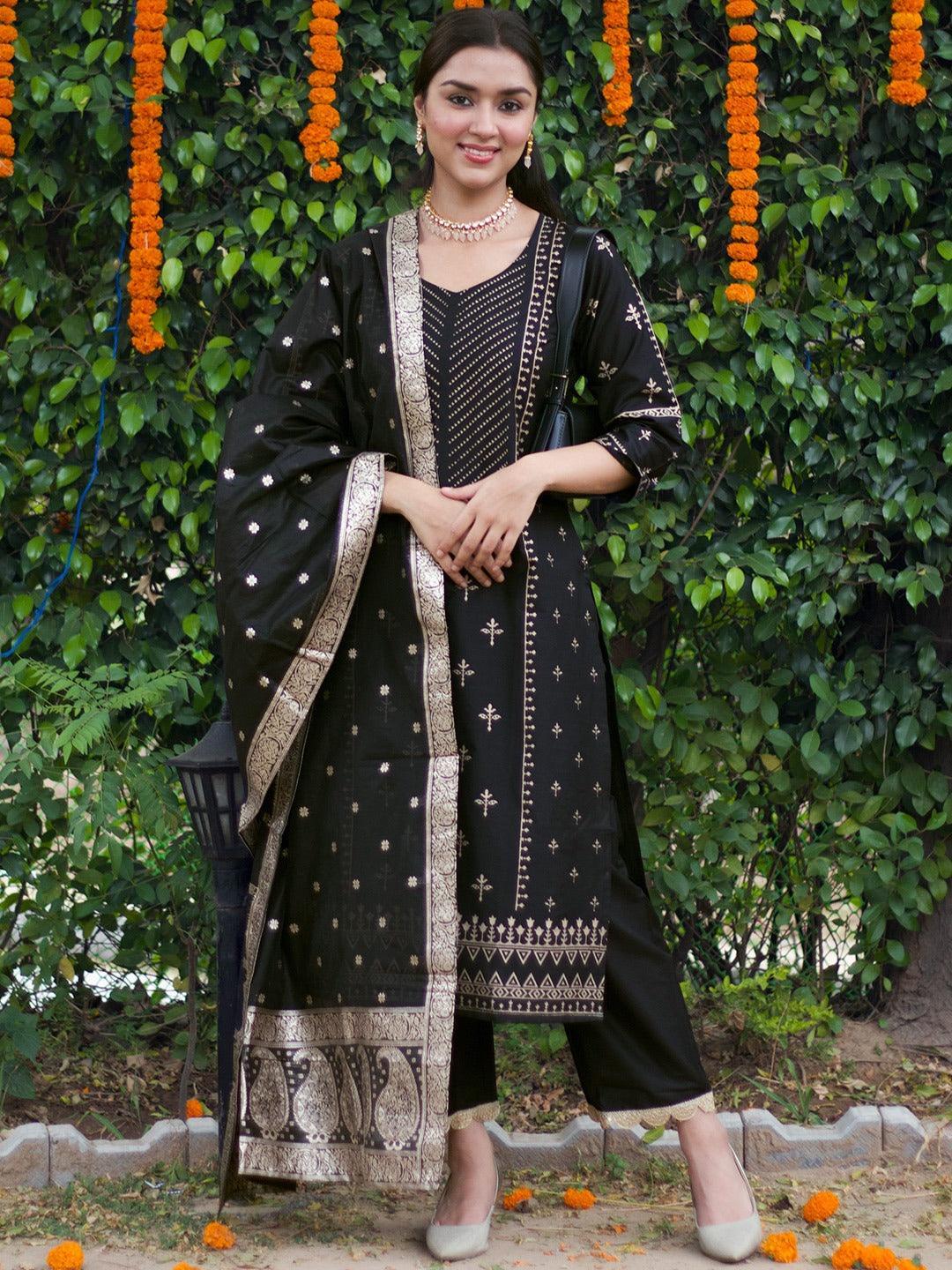 Black Printed Silk Blend Straight Suit Set