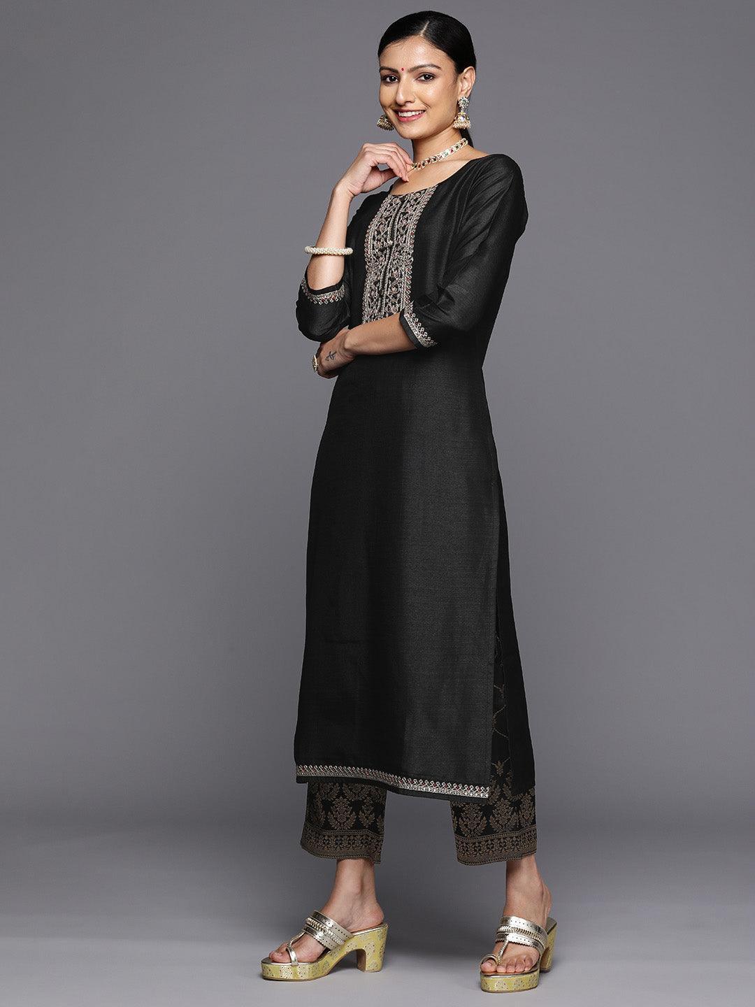 Black Printed Silk Blend Straight Kurta With Trousers & Dupatta