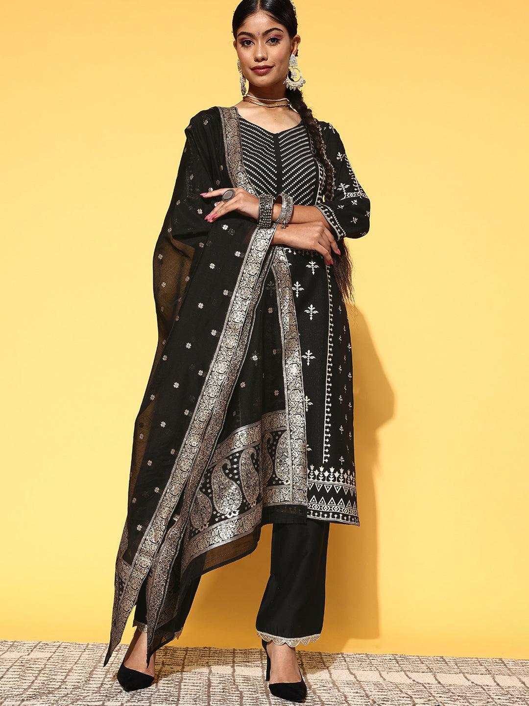 Black Printed Silk Blend Straight Suit Set