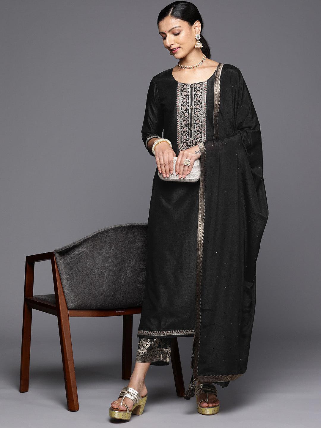 Black Printed Silk Blend Straight Kurta With Trousers & Dupatta