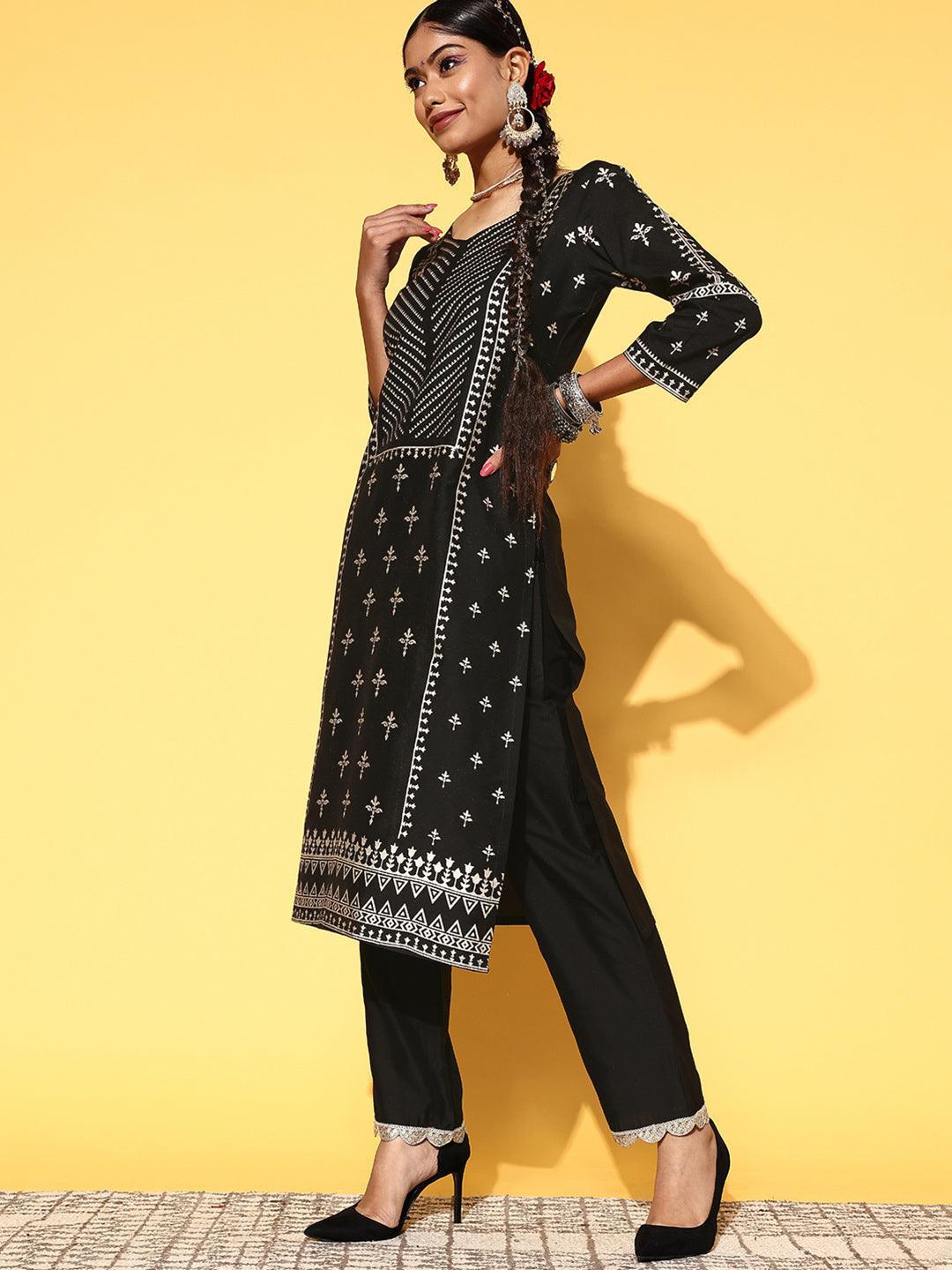 Black Printed Silk Blend Straight Suit Set