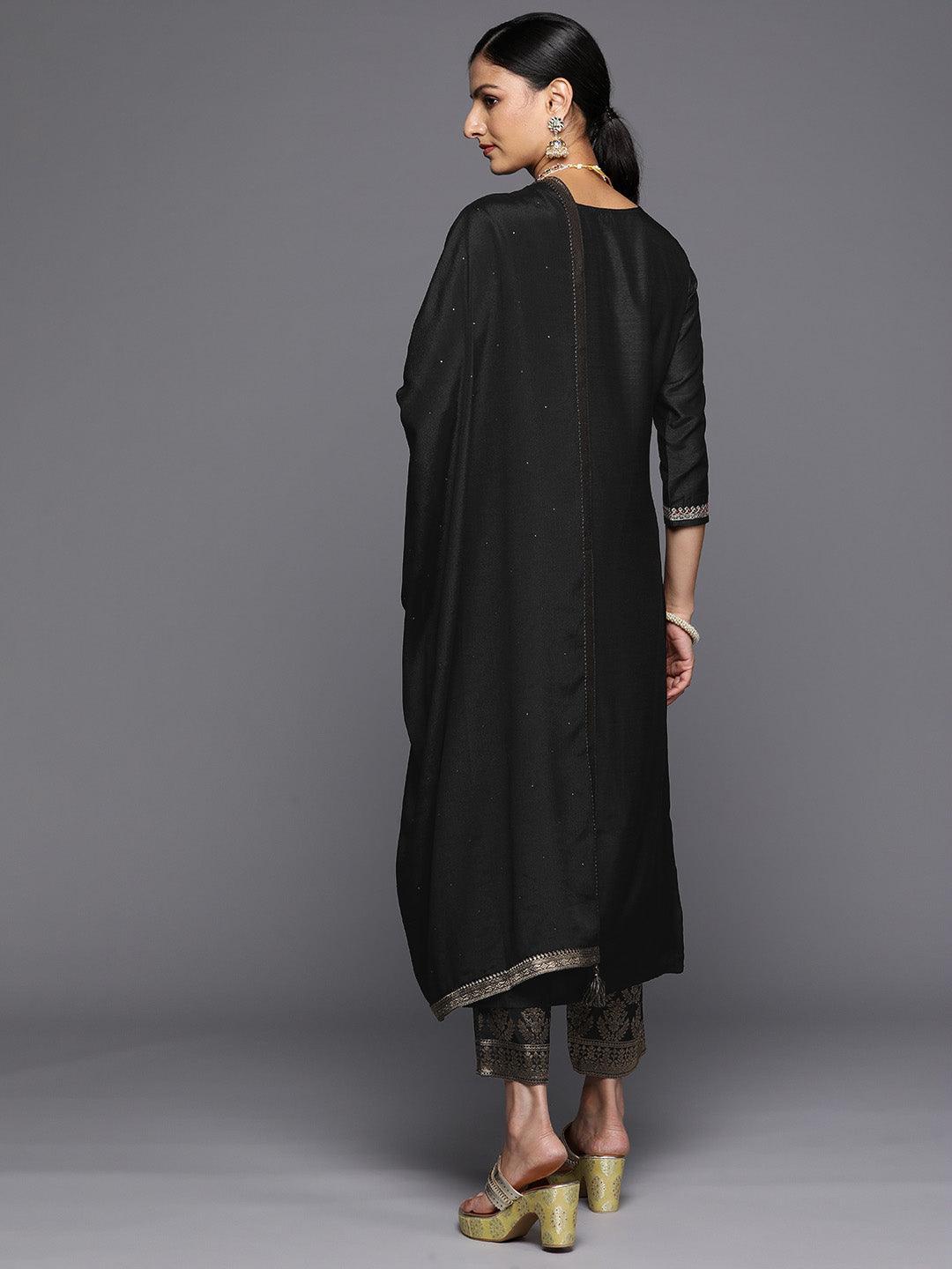 Black Printed Silk Blend Straight Kurta With Trousers & Dupatta