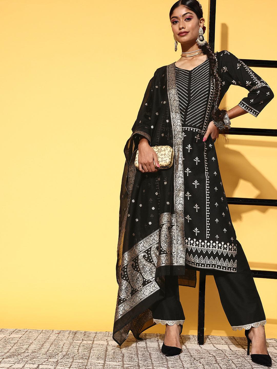 Black Printed Silk Blend Straight Suit Set