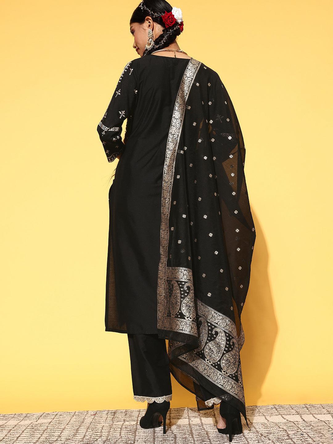 Black Printed Silk Blend Straight Suit Set