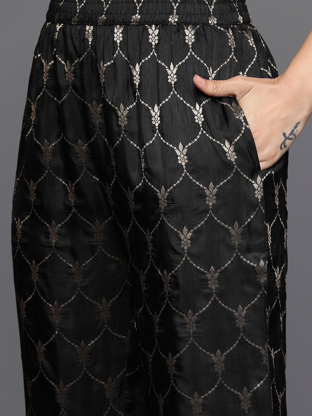 Black Printed Silk Blend Straight Kurta With Trousers & Dupatta