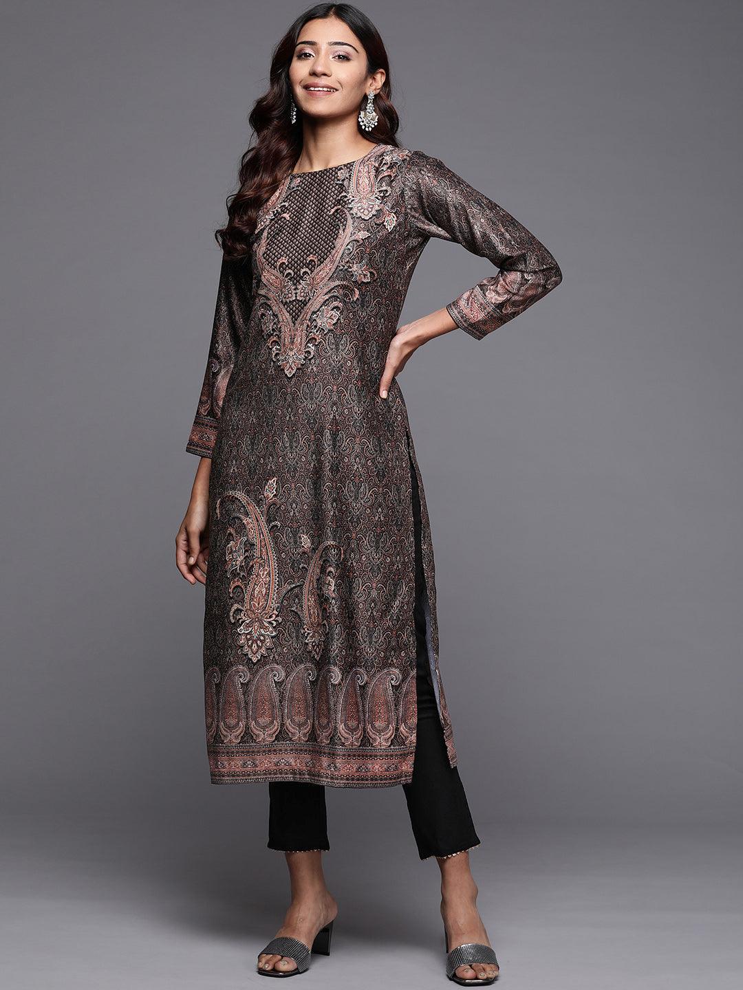 Black Printed Velvet Straight Kurta - Libas